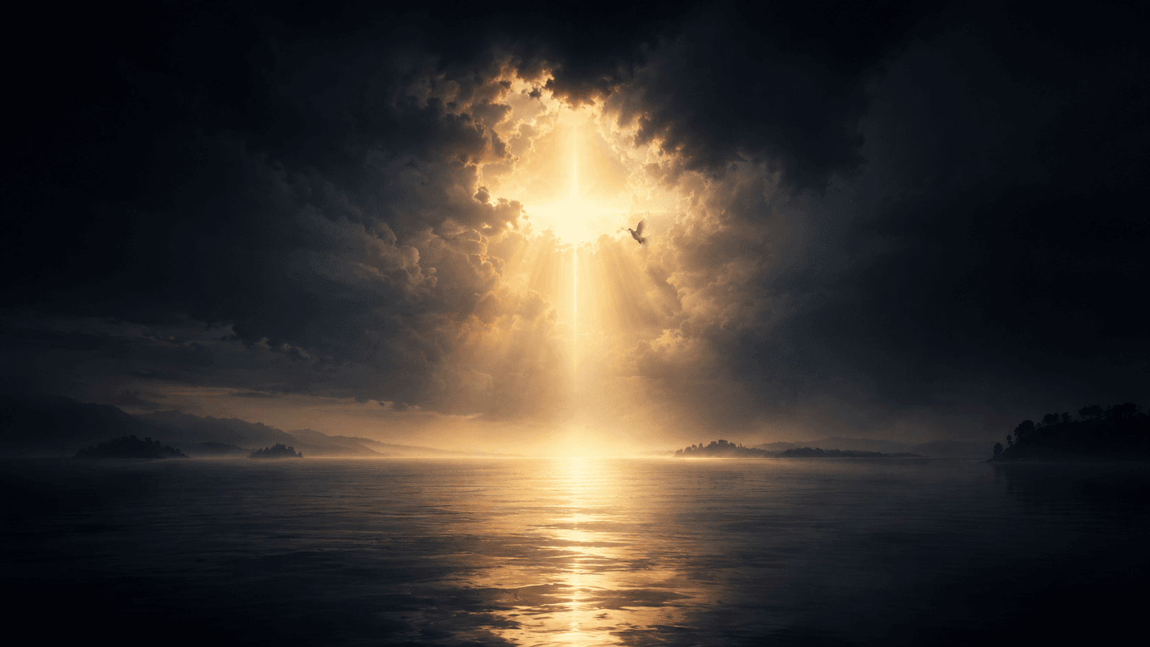 Golden light opens through deep clouds above calm water